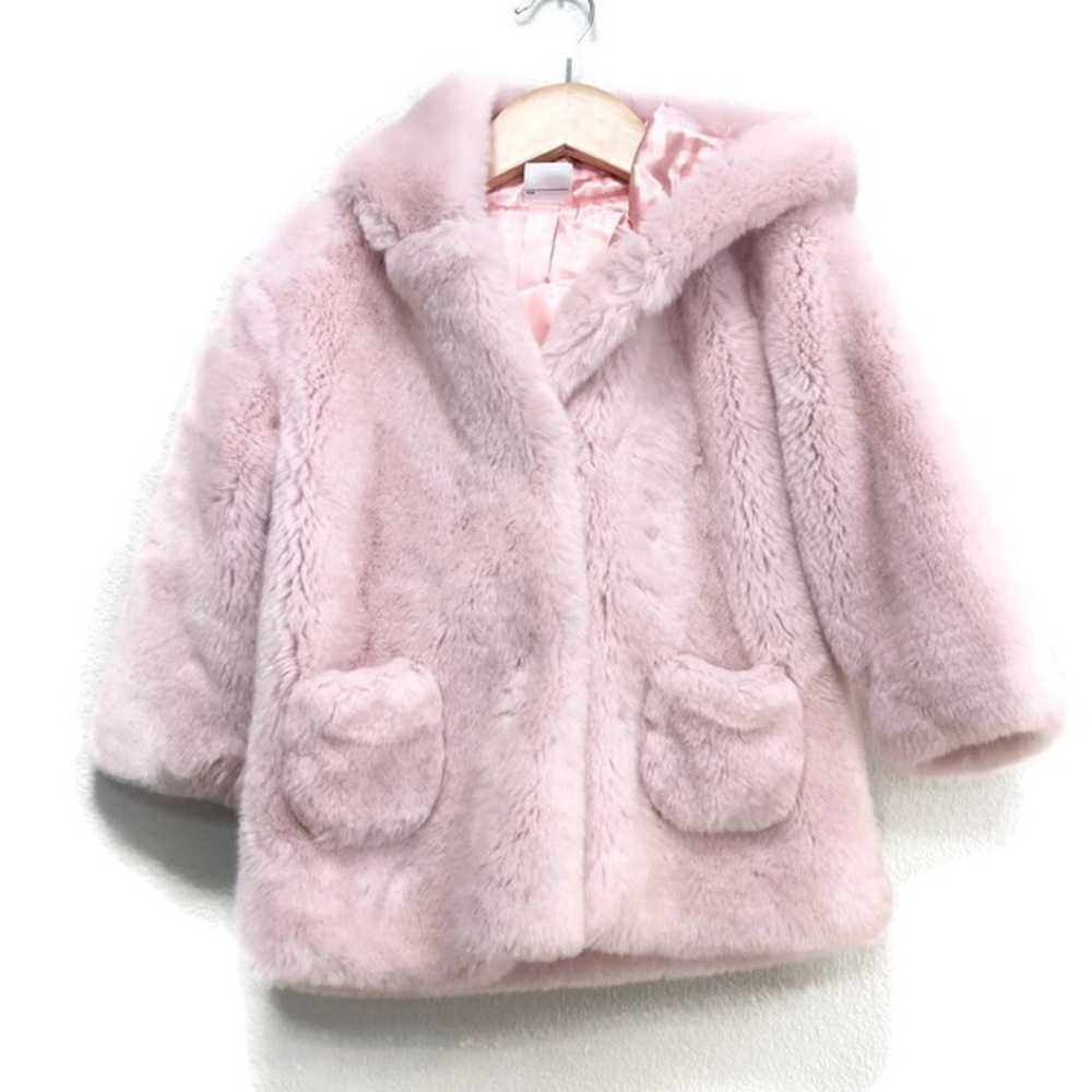 Hanna Andersson Pink Hooded Faux Fur Coat 90 3T